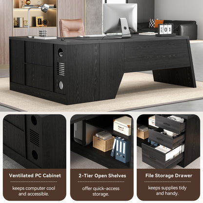 Epecoya 78 Inch L Shape Executive Desk, Large Modern Home Office Desk with Drawer and Cord Hold Management, Wooden Business Furniture for CEO Boss Manager, Black Gray