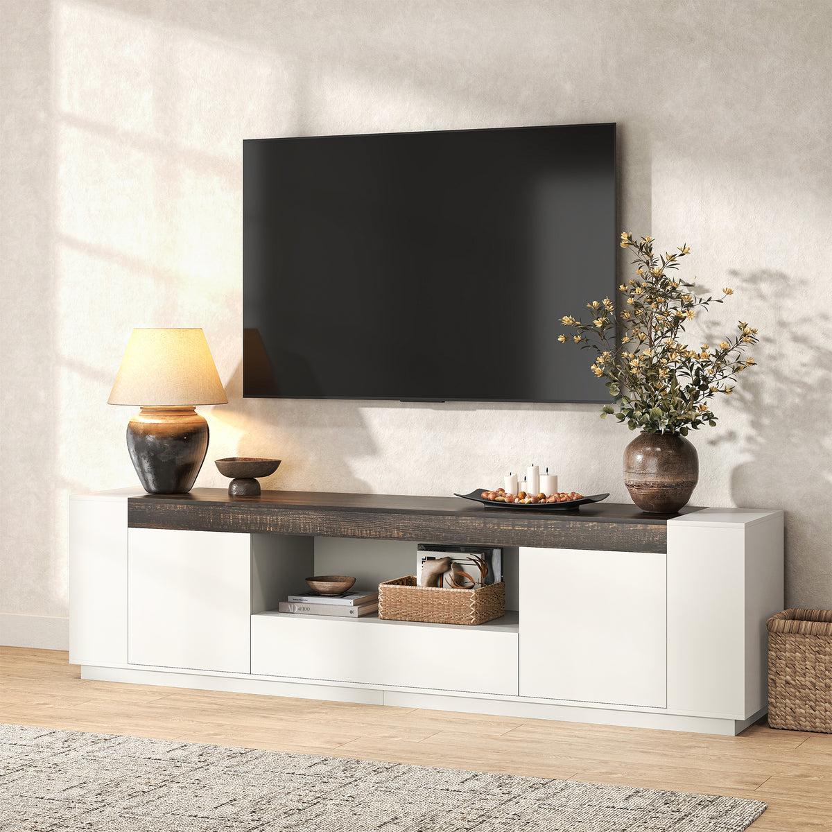78.7-Inch Modern TV Console for Living Room, White & Brown Long TV Stand with Drawers and Open Shelf, White Entertainment Center with Brown Top for 85 Inch TV