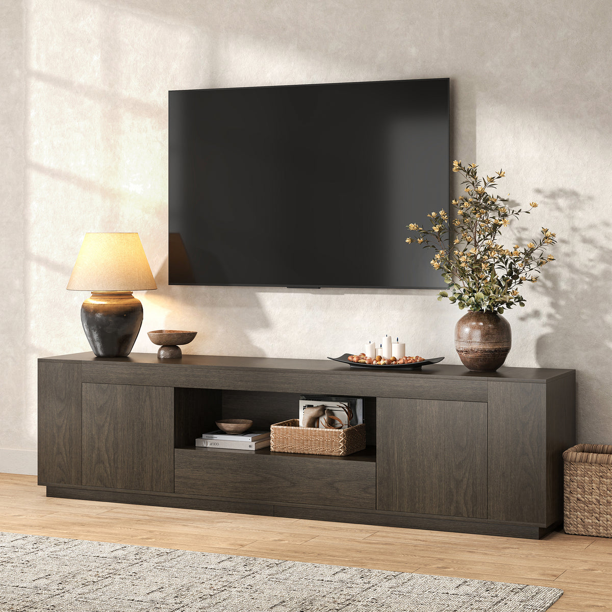Wood TV Stands for Living Room 78-Inch, Walnut Brown Mid Century Entertainment Center with Storage, Large Television Stand for TVs Up to 85 Inch