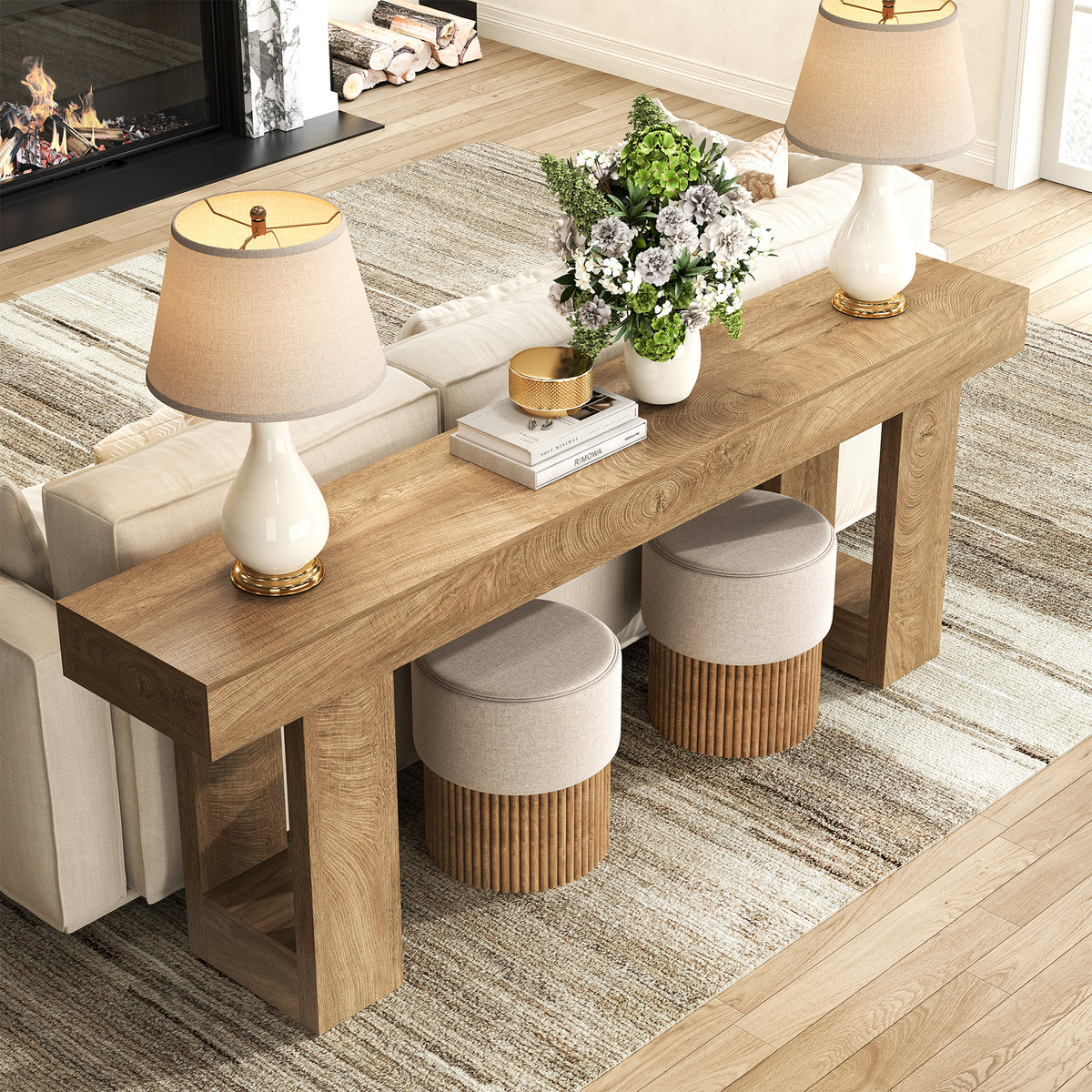 Extra Long Console Tables for Entryway 78.7-Inch, Natural Oak Brown Farmhouse Sofa Tables Narrow Long, Rectangular Wooden Entryway Tables for Living Room, Entrance, Hallway