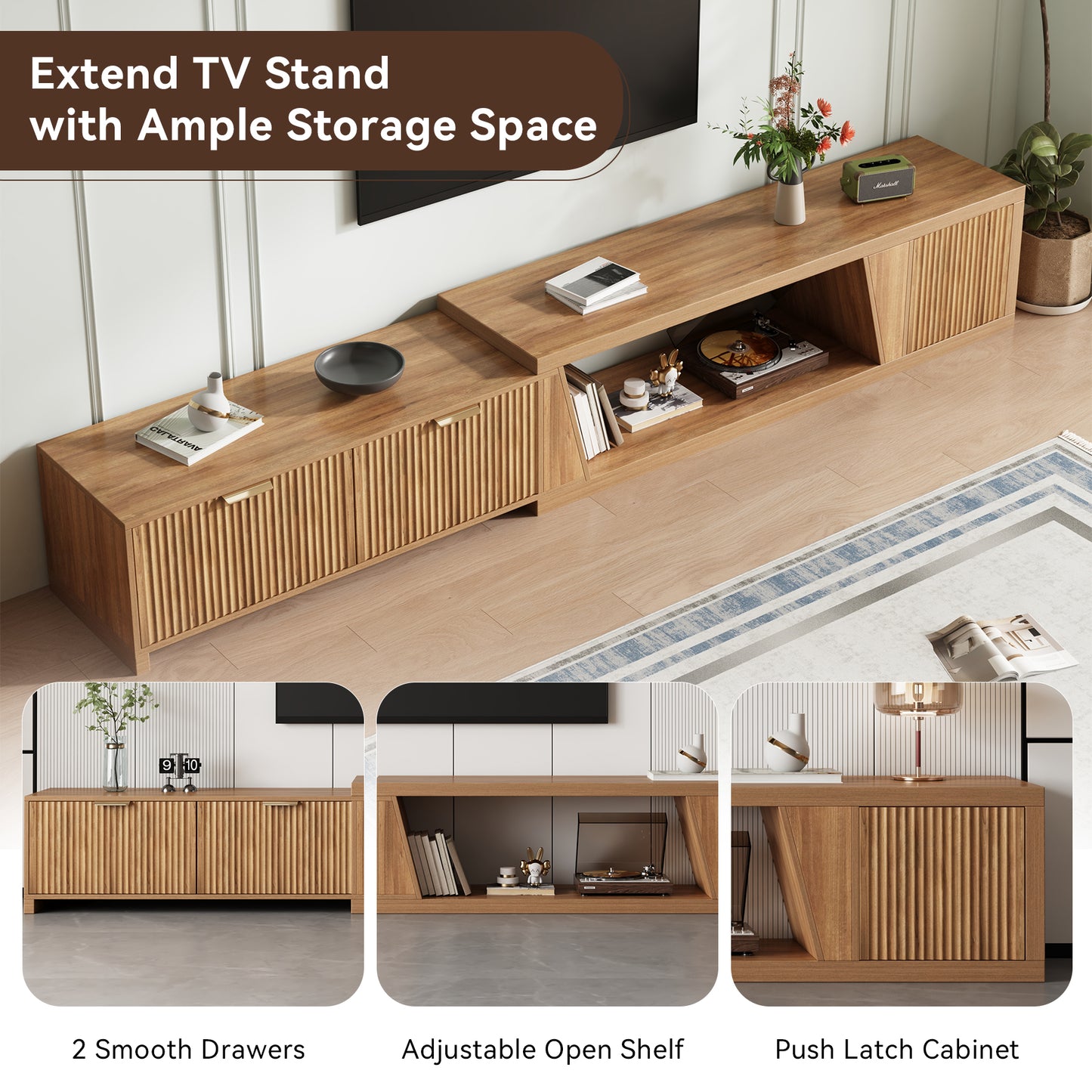 Extendable TV Stand with Storage Cabinet for Living Room, 98.5-Inch Extra Long TVs Media Console Wood Fluted Television Stands with Adjustable Shelf and Drawers for Bedroom, Rustic Brown (63"W-98.5"W)