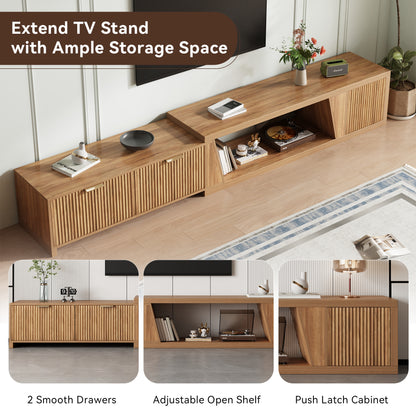 Extendable TV Stand with Storage Cabinet for Living Room, 98.5-Inch Extra Long TVs Media Console Wood Fluted Television Stands with Adjustable Shelf and Drawers for Bedroom, Rustic Brown (63"W-98.5"W)