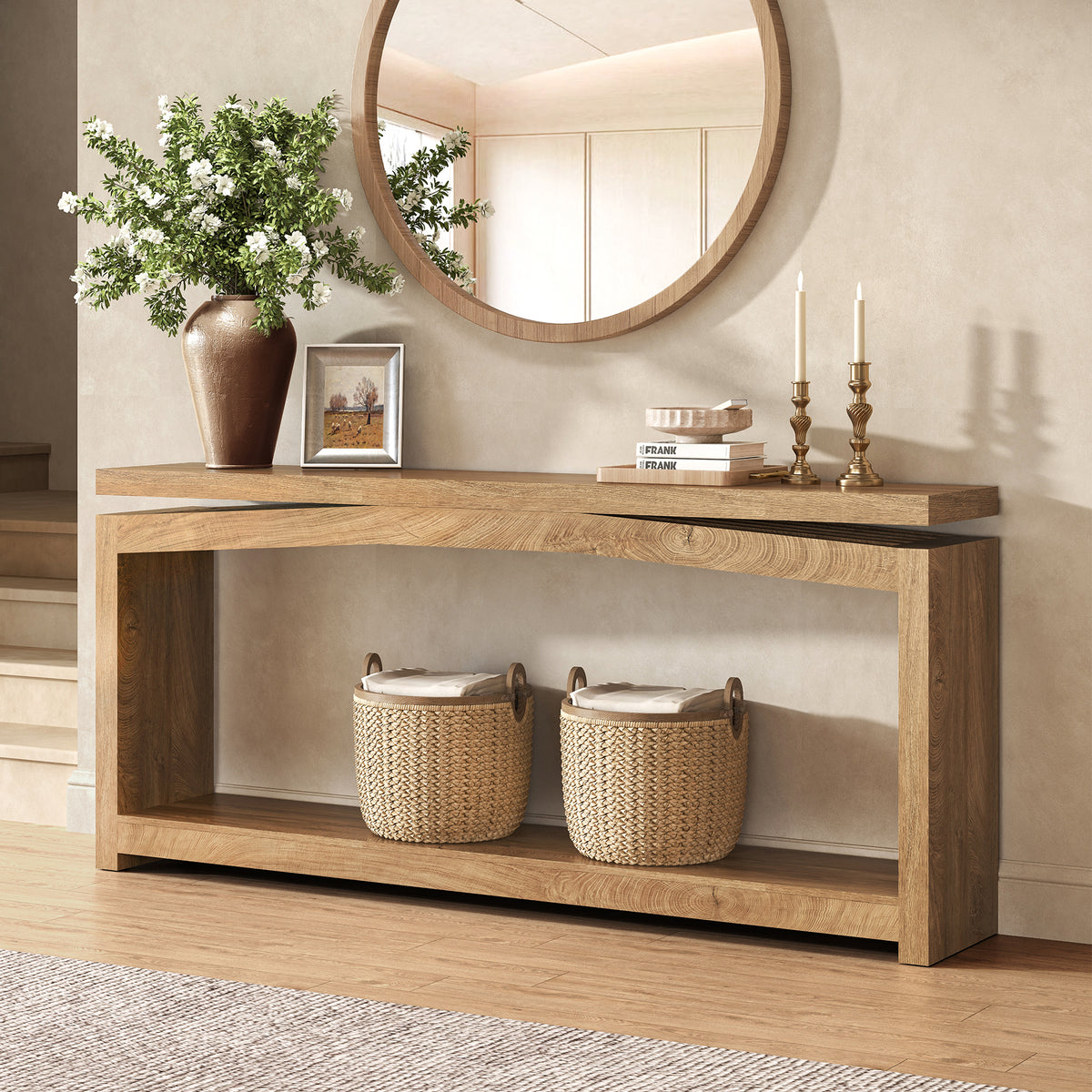 70 Inch Long Console Table for Entryway, Natural Oak Brown Farmhouse Console Table, Wood Sofa Table Behind Couch, 2 Tier Entrance Table with Storage Shelf for Hallway Living Room
