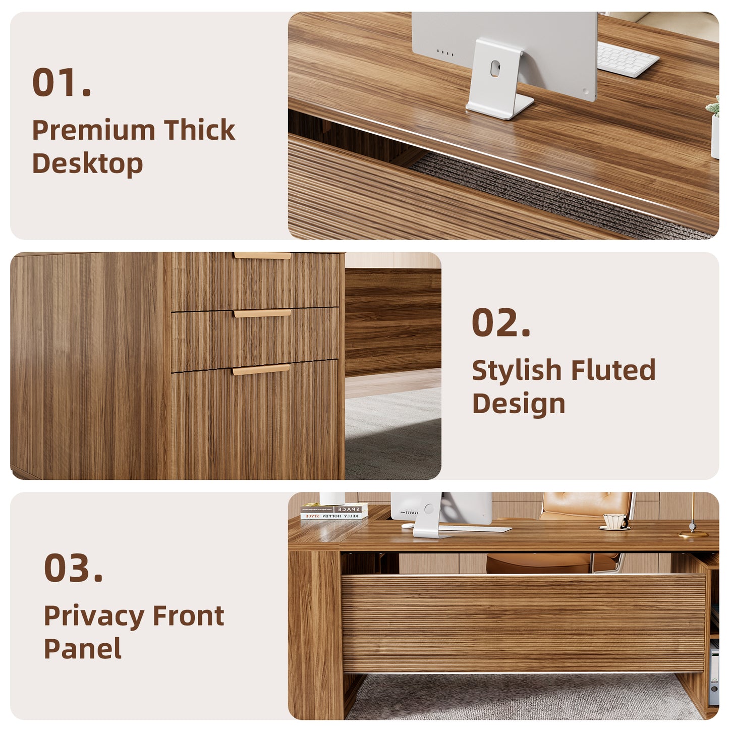 78 Inch L-Shaped Executive Desk with Drawer, Large Home Office Desk with File Cabinet, Modern Fluted Computer Table with Storage Open Shelves, Wood Business Furniture for Boss, Oak Brown