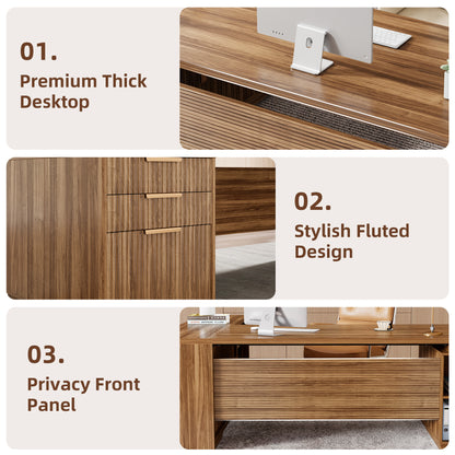 78 Inch L-Shaped Executive Desk with Drawer, Large Home Office Desk with File Cabinet, Modern Fluted Computer Table with Storage Open Shelves, Wood Business Furniture for Boss, Oak Brown