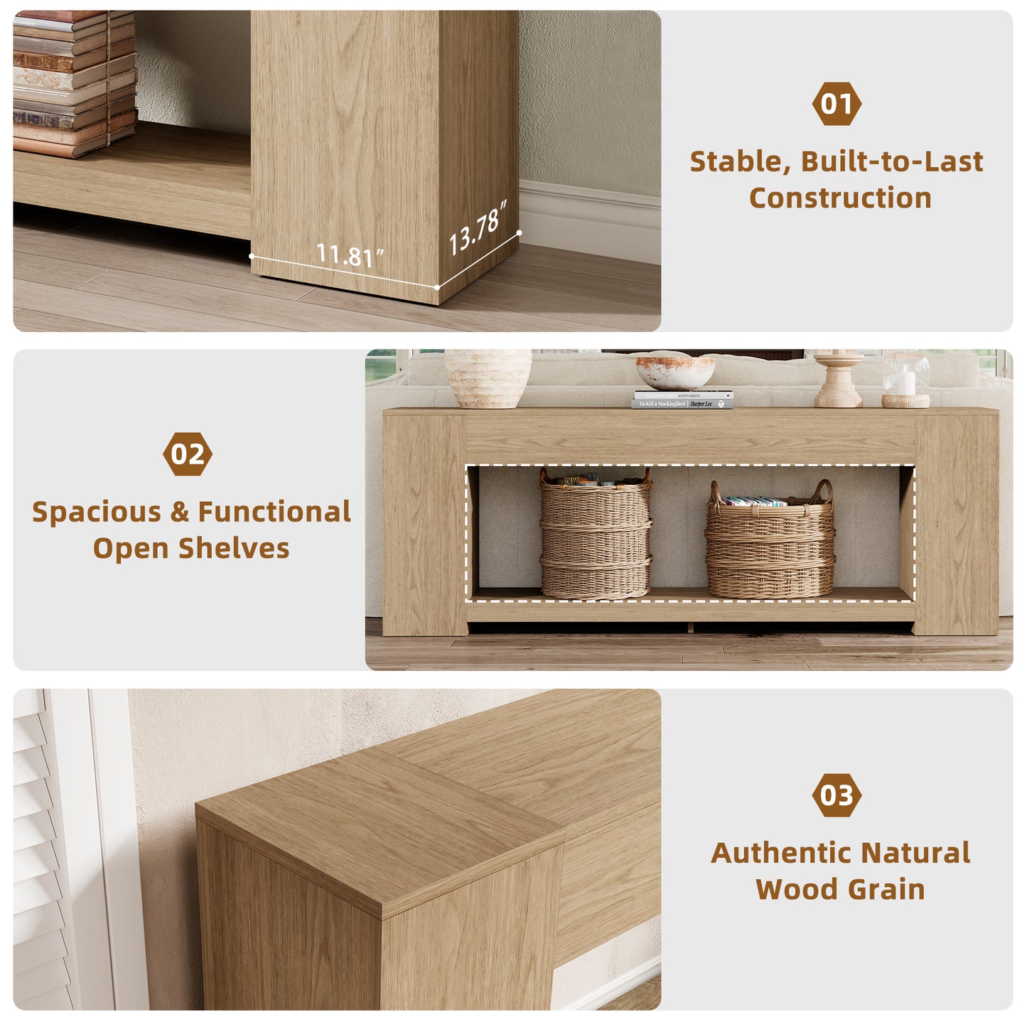 Console Table for Entry Way with Storage 86 Inch, Extra Long Sofa Table Behind Couch for Living Room, Wooden Entryway Entrance Table with 2-Tier Shelves, Light Oak