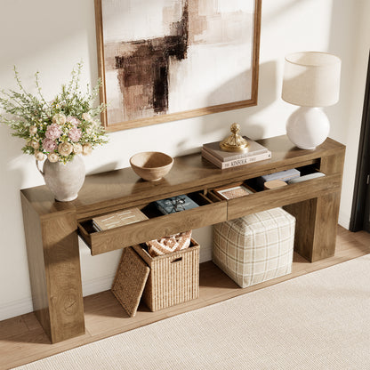 78 Inch Console Tables for Entryway with 2 Drawers Natural Oak | Farmhouse Behind Couch Table with Storage, Extra Long Entryway Table Design for Living Room, Hallway, Entrance