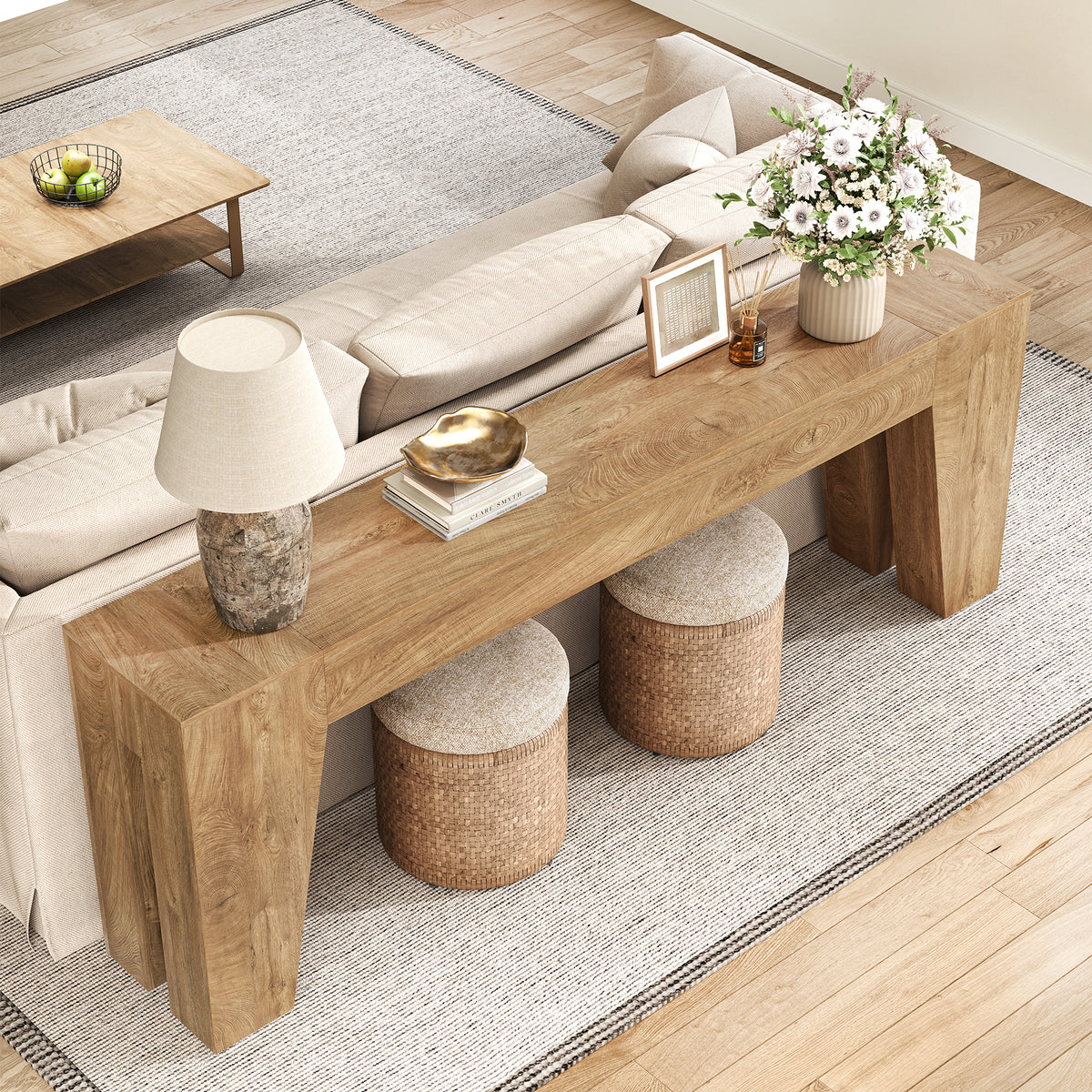 86-inch Extra Long Console Table, Couch Tables Behind Sofa Farmhouse Wood Entryway Table with Storage, Modern Console Tables for Living Room, Hallway, Entrance, Natural Oak Brown
