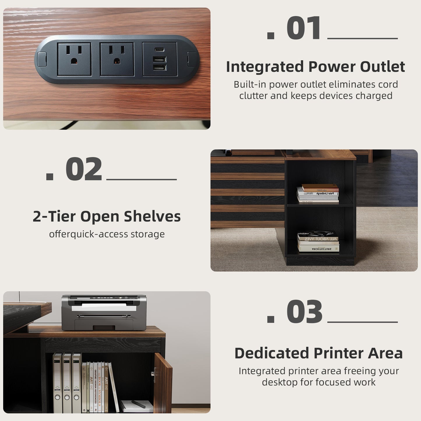L-Shaped Executive Desk with Power Outlet, 78-Inch Large Office Desk with Drawer and Lateral File Cabinet, Modern Computer Table with Open Shelf and Storage Cabinet for Home Office Study, Brown Black
