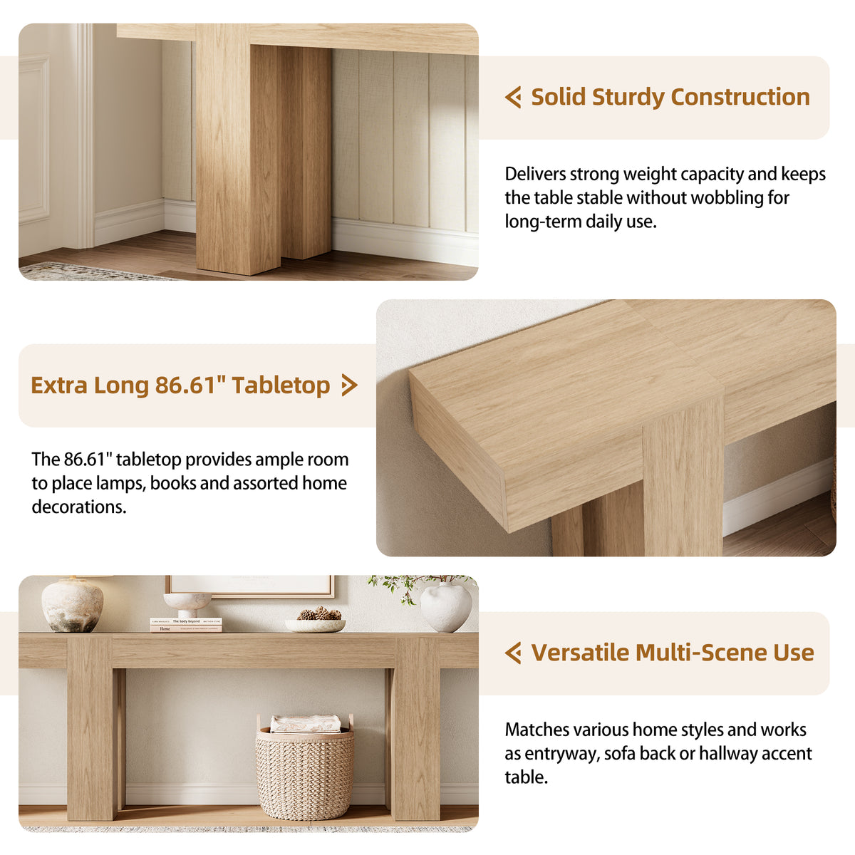 86.6 Inch Extra Console Table Light Oak | Wood Entryway Table | Farmhouse Style | Living Room, Entryway, Hallway