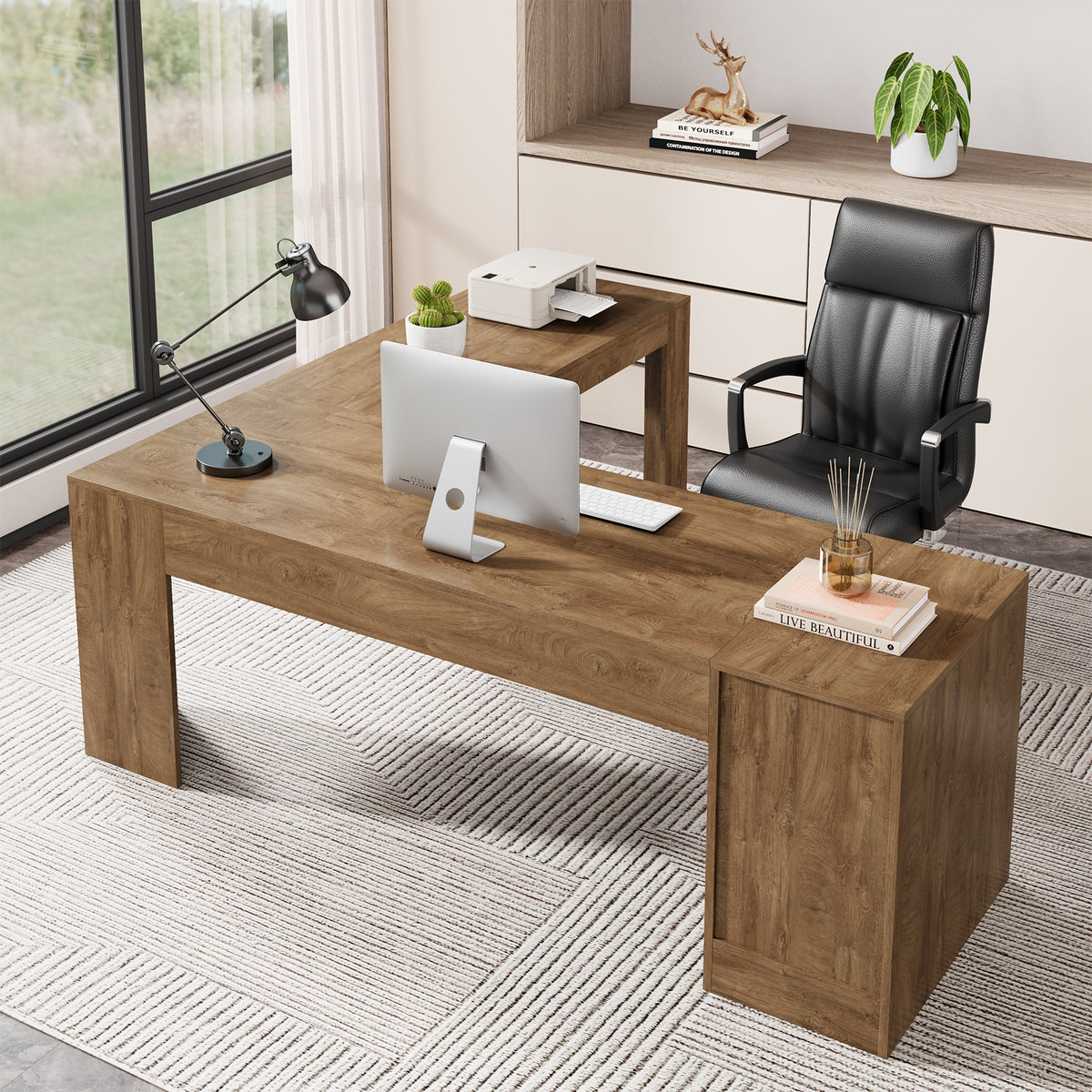 83" Farmhouse L Shaped Office Desk with Cabinet & Drawer, Oak Brown Wood Executive Computer Desk with Spacious Storage, Large Corner Workstation Ideal for Home Office