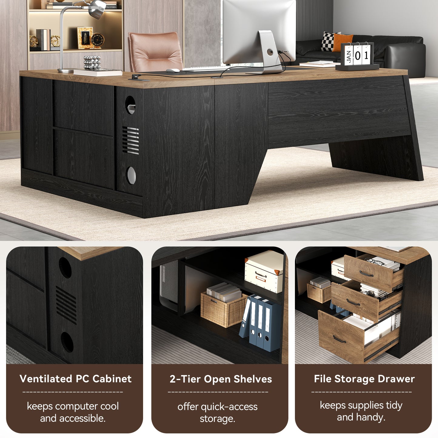Epecoya L-Shaped Executive Desk with Drawer, Large Modern Home Office Desk with Cord Hold and Power Outlet, Big Wooden Business Furniture with Lateral File Cabinet for CEO Boss, Oak Black