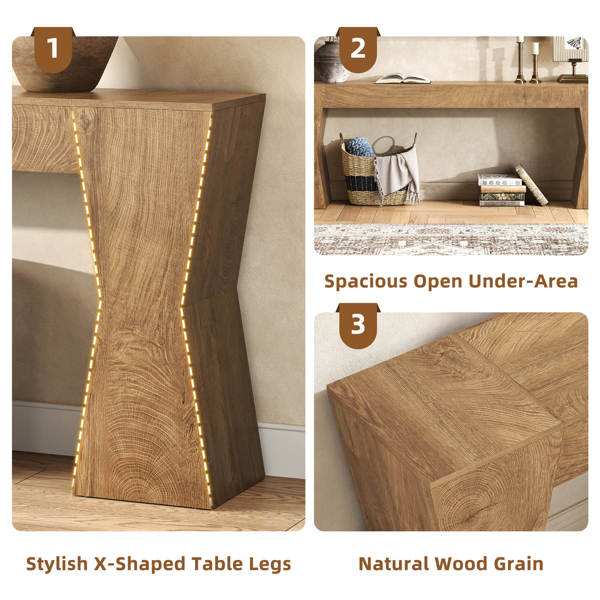 Extra Long Console Table for Living Room, Natural Oak Brown 86-Inch Entryway Table with X-Shaped Legs Wooden, Farmhouse Behind the Couch Table for Entrance, Hallway