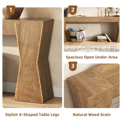 Extra Long Console Table for Living Room, Natural Oak Brown 86-Inch Entryway Table with X-Shaped Legs Wooden, Farmhouse Behind the Couch Table for Entrance, Hallway
