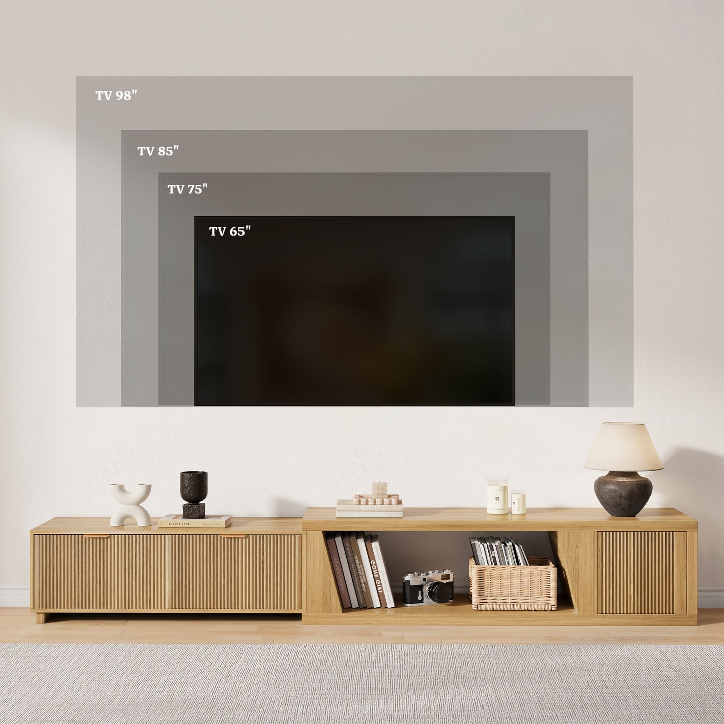 Extendable TV Console Large 64.57-98.43 Inch, Extra Long TV Stands for Living Room Flutted, Modern Oak TV Stand with 2 Drawers & Open Shelf, Light Oak
