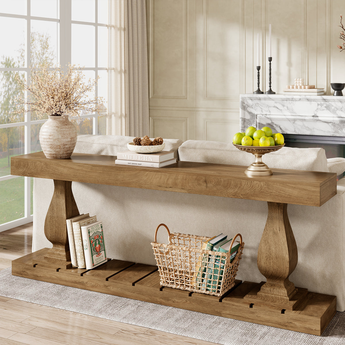 70 Inch Wood Console Table for Entryway, Extra Long Sofa Table Behind Couch, Rustic Farmhouse Entry Style with Bottom Shelf and Vintage Curved Legs for Living Room, Hallway