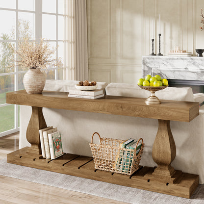 70 Inch Wood Console Table for Entryway, Extra Long Sofa Table Behind Couch, Rustic Farmhouse Entry Style with Bottom Shelf and Vintage Curved Legs for Living Room, Hallway