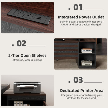 Epecoya L Shape Executive Desk with Drawers and Storage Cabinet, Wooden Executive Office Desk for Home, Large Computer Table with Lateral File Cabinet for Studio, Dark Brown Black