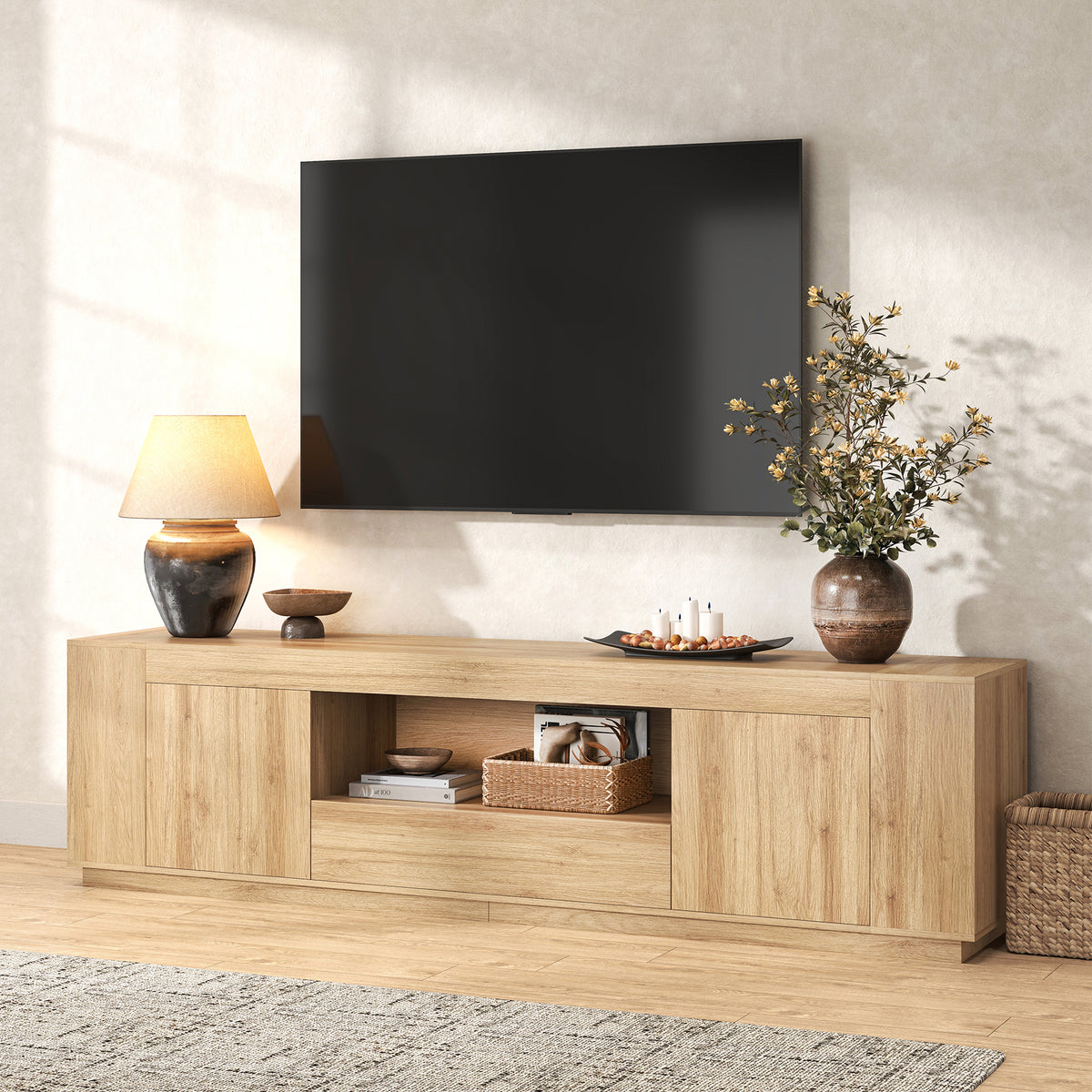 Light Wood Entertainment Center with Drawers, 78-Inch Modern TV Stands for Living Room, Farmhouse TV Console Cabinets with Open Section, Natural Teak