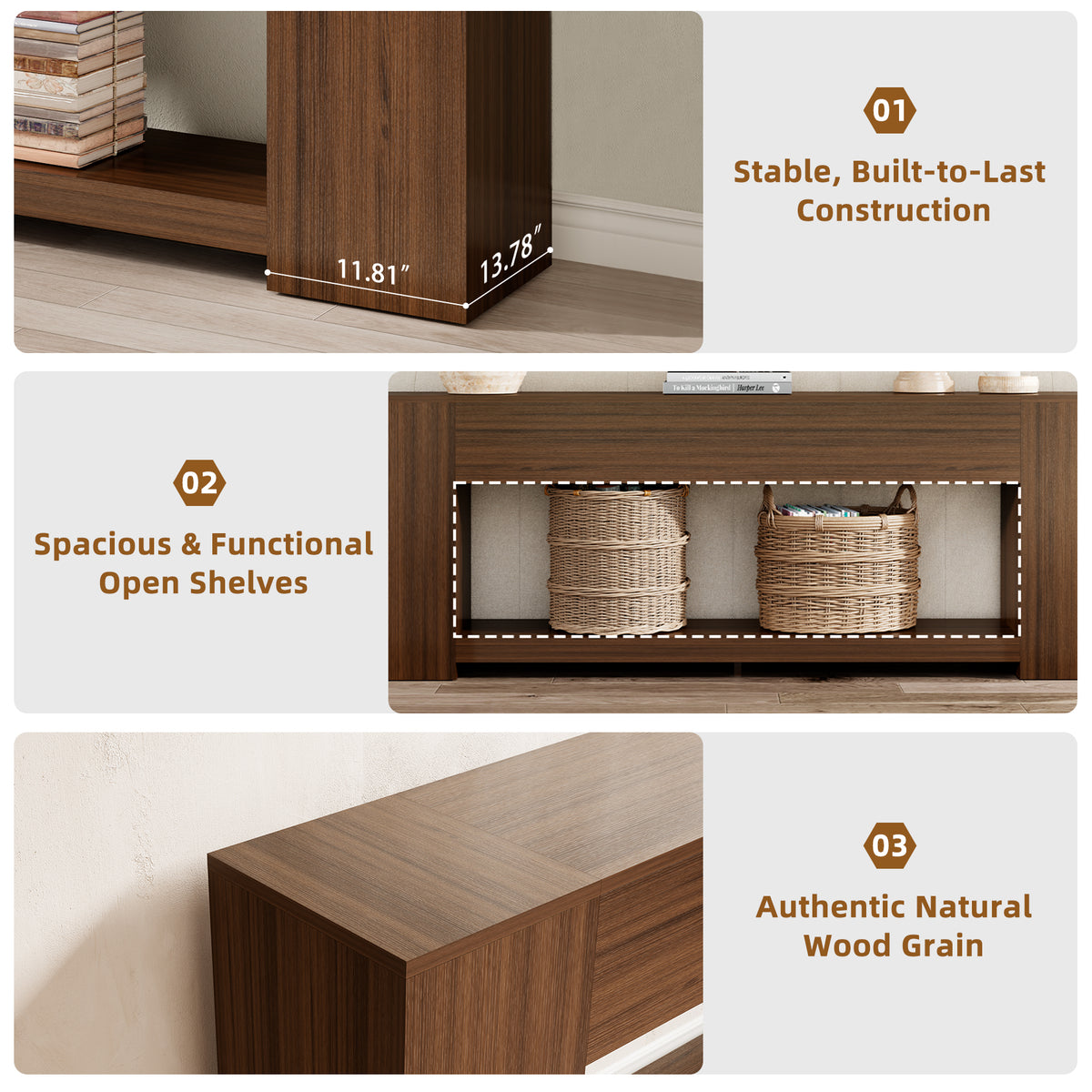 Extra Long Console Table with Open Shelf 86-Inch, Walnut Brown | 2-Tier Sofa Table Behind Couch with Storage, Mid Century Console Table for Entryway, Entrance, Living Room