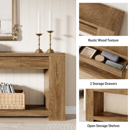 Extra Long Console Table 78 Inch, Sofa Table with Drawers and Shelf | 2 Storage Drawers | Open Shelf | Oak Brown | Farmhouse Sofa Table | Modern Entryway Table | Living Room, Entryway, Hallway