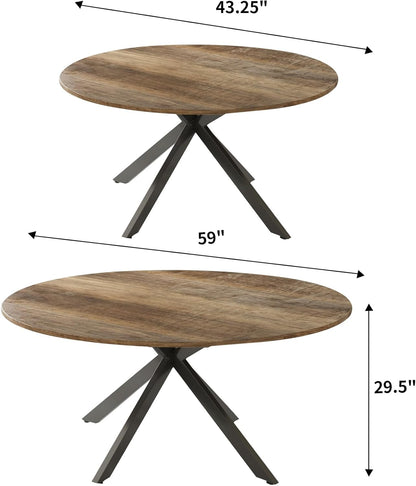 59-Inch Extendable Round Dining Table for Dining Room, 4-6 People Large Expendable Kitchen Dinner Tables with Oval Wood Top and Industrial Metal Frame for Dinner Room, Small Space, Black Brown