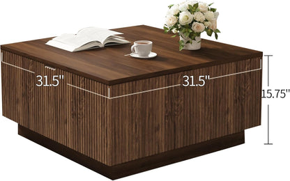 Lift Top Square Wood Coffee Table with Hidden Storage Compartment for Living Room, 31-Inch Farmhouse Fluted Center Tea Table with Wooden Lift-Top for Home, Apartment, Small Space, Brown Walnut