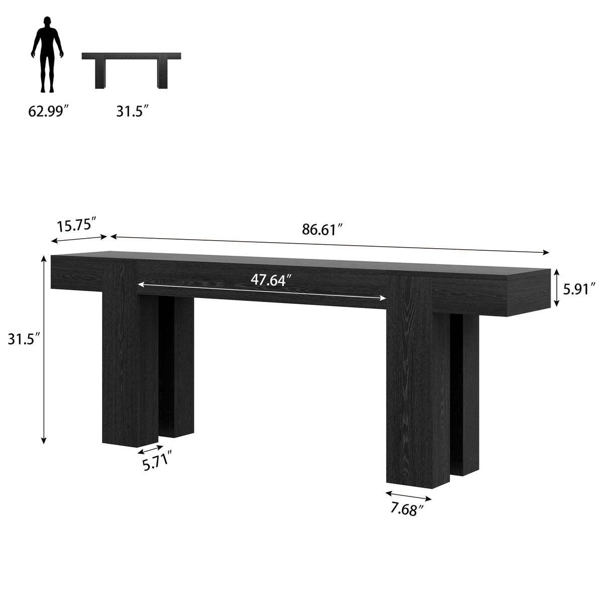 86.6 Inch Extra Console Table Black | Wood Entryway Table | Farmhouse Style | Living Room, Entryway, Hallway