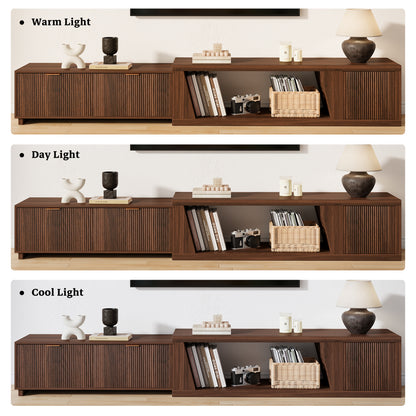 98-Inch TV Stand Extendable for Living Room, Extra Long TV Console with Storage Cabinets and Adjustable Shelf, Mid Century Modern TV Stand Flutted, Walnut Brown (64.57" W-98.43" W)