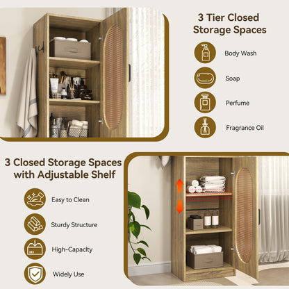66-Inch Bathroom Storage Cabinet with 2 Rattan Doors for Toilet, Tall Narrow Bath Room Cabinets, Slim Wooden Floor Storage Cabinets with Adjustable Shelves and 4 Hooks for Restroom, Brown