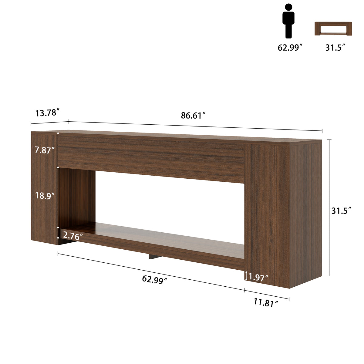 Extra Long Console Table with Open Shelf 86-Inch, Walnut Brown | 2-Tier Sofa Table Behind Couch with Storage, Mid Century Console Table for Entryway, Entrance, Living Room