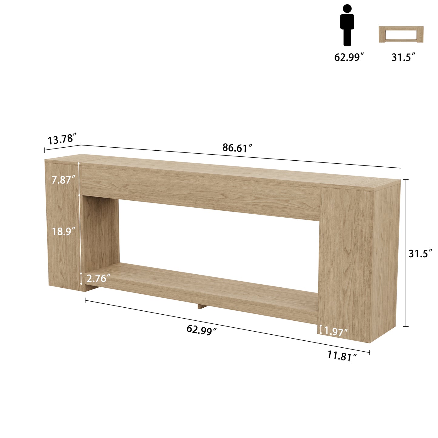 Console Table for Entry Way with Storage 86 Inch, Extra Long Sofa Table Behind Couch for Living Room, Wooden Entryway Entrance Table with 2-Tier Shelves, Light Oak
