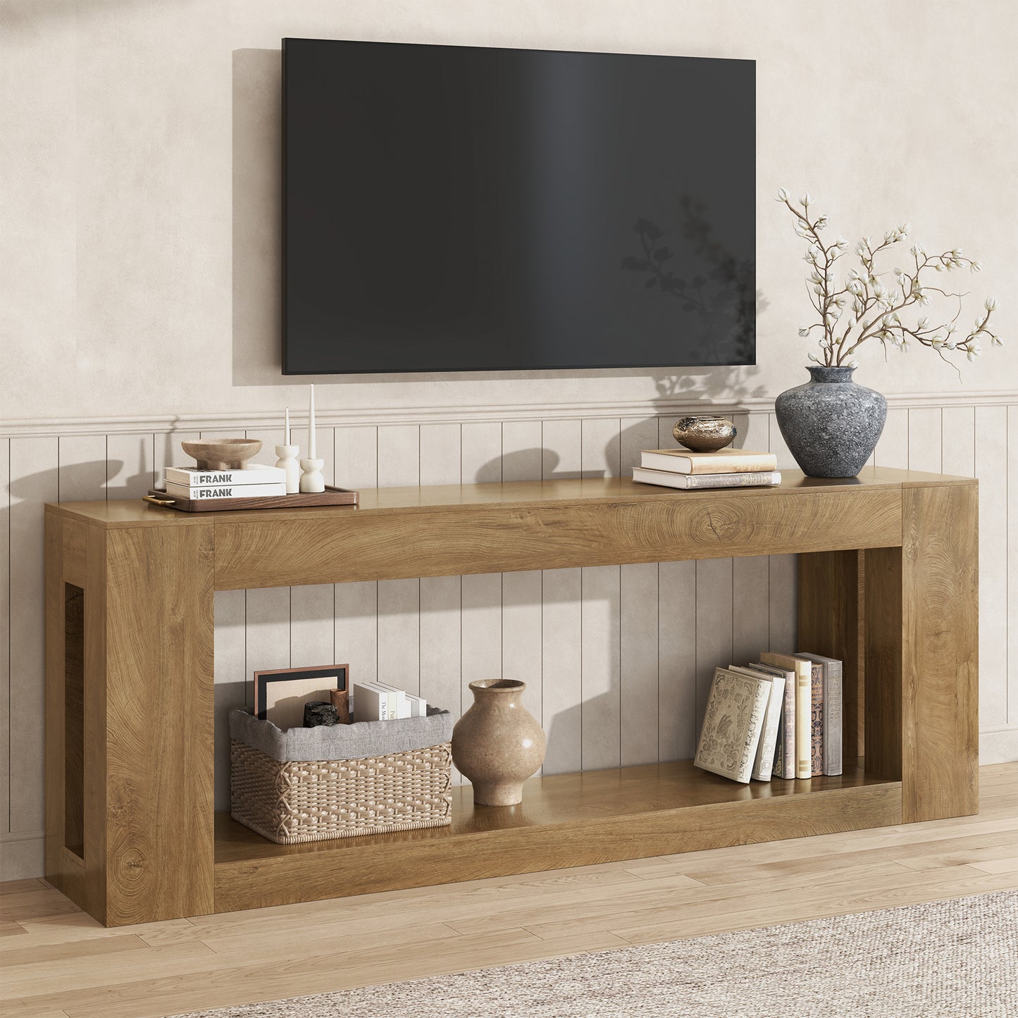 82.8-Inch Farmhouse Console Table with Storage Shelf, Natural Wood Finish - Extra Long Sofa Table Behind Couch, Entryway Table for Entrance, Hallway, Living Room