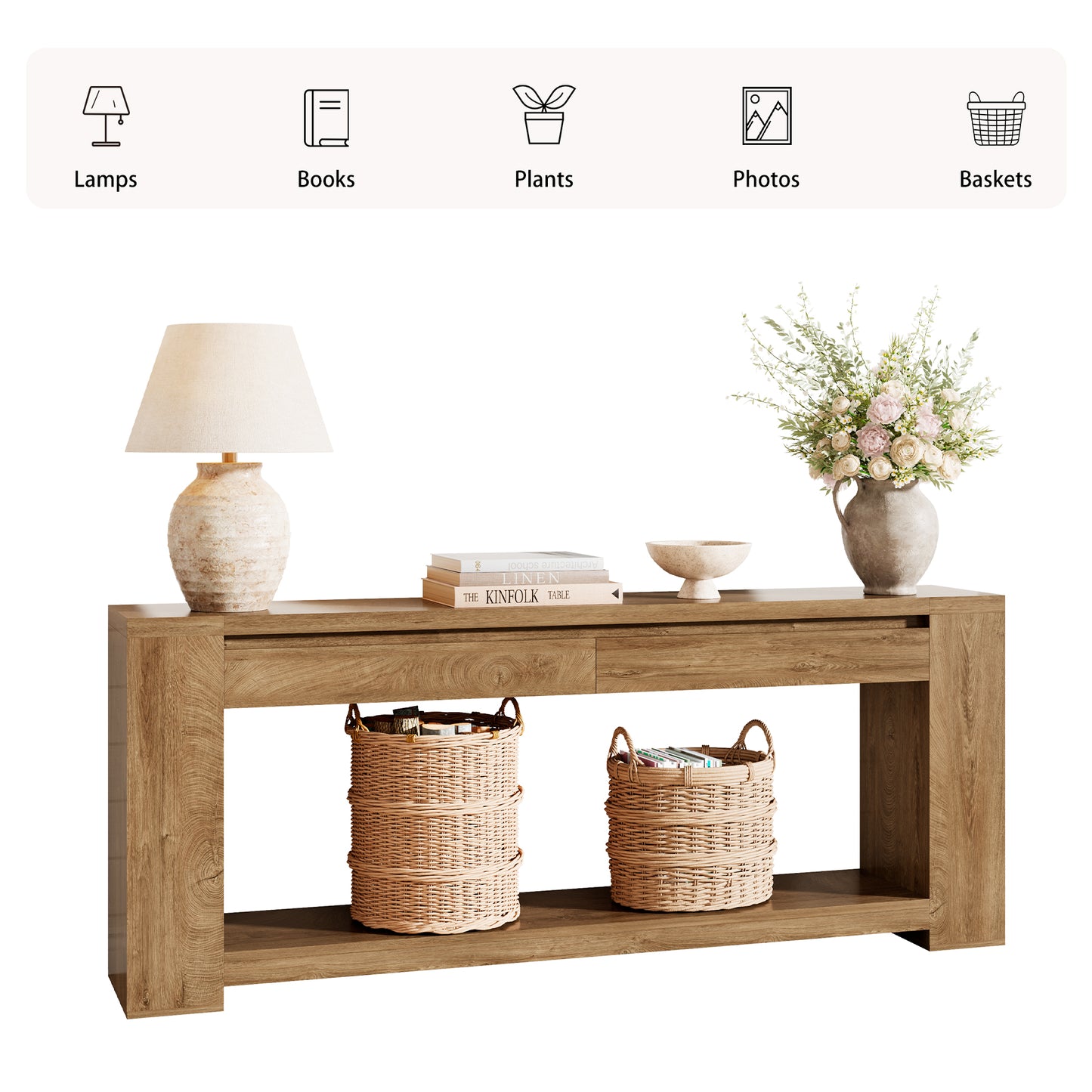 Extra Long Console Table 78 Inch, Sofa Table with Drawers and Shelf | 2 Storage Drawers | Open Shelf | Oak Brown | Farmhouse Sofa Table | Modern Entryway Table | Living Room, Entryway, Hallway