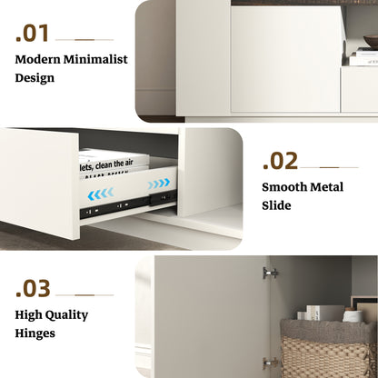 78.7-Inch Modern TV Console for Living Room, White & Brown Long TV Stand with Drawers and Open Shelf, White Entertainment Center with Brown Top for 85 Inch TV