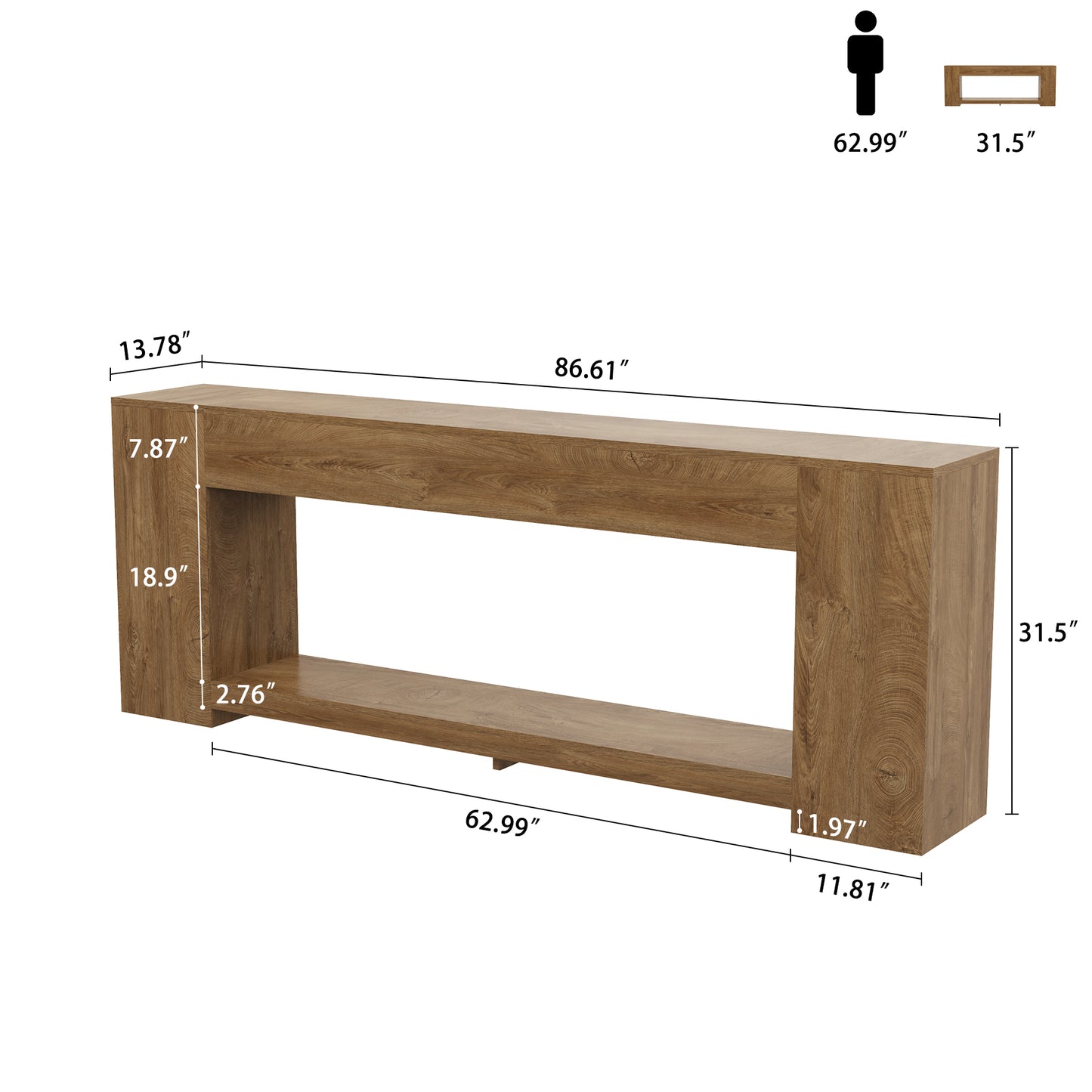 86-Inch Extra Long Console Table for Entryway, Farmhouse Sofa Table Behind Couch Wooden, 2-Tier Entry Console Tables with Storage for Entrance, Living Room, Natural Oak Brown