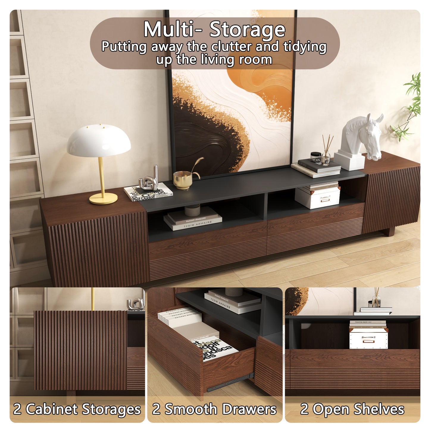 78.8 Inch TV Stand with Storage Cabinets for Living Room, TVs Media Console Entertainment Center with Drawers, Wood Fluted Television Stands with Open Shelves for Bedroom, Dark Brown Walnut