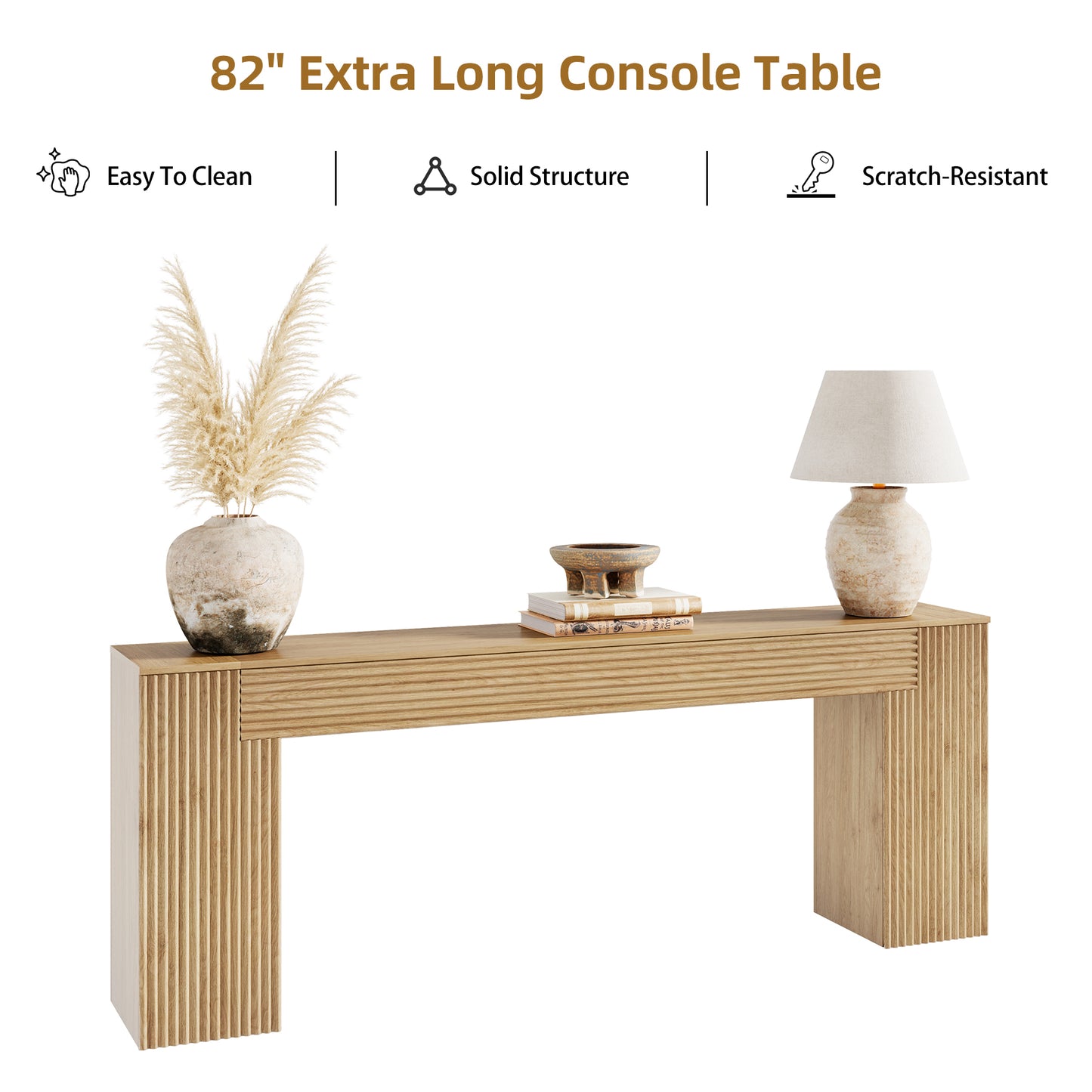 Extra Long Console Table 82 Inch, Wooden Sofa Table, Entryway Table | Wavy Textured Design | Light Oak Brown | Farmhouse Natural Wood Finish | Behind Couch | Living Room, Entrance, Hallway