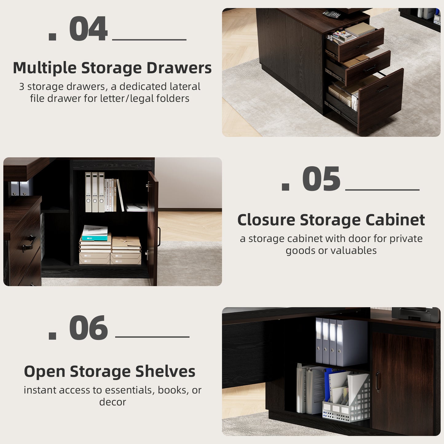 Epecoya L Shape Executive Desk with Drawers and Storage Cabinet, Wooden Executive Office Desk for Home, Large Computer Table with Lateral File Cabinet for Studio, Dark Brown Black