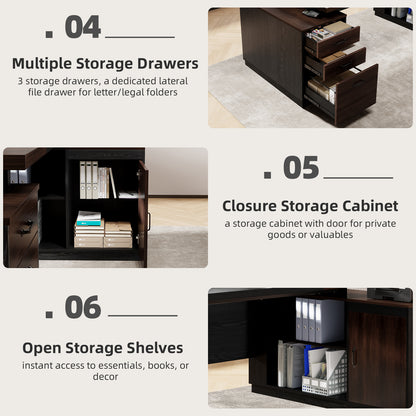 Epecoya L Shape Executive Desk with Drawers and Storage Cabinet, Wooden Executive Office Desk for Home, Large Computer Table with Lateral File Cabinet for Studio, Dark Brown Black