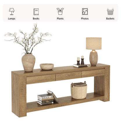 78 Inch Extra Long Console Table with Storage Drawer and Open Shelf | 3 Storage Drawers | Open Shelf | Natural Oak Brown | Farmhouse Entryway Table | Behind Sofa | Entrance, Hallway, Living Room