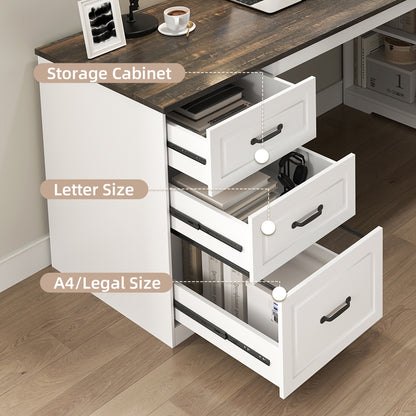 L-Shaped Executive Desk with Power Outlet, Farmhouse Computer Desk with Drawer and Storage Cabinet, White Home Office Wood Corner Table for Writing Work Study, 63 Inch Large Bedroom Workstation