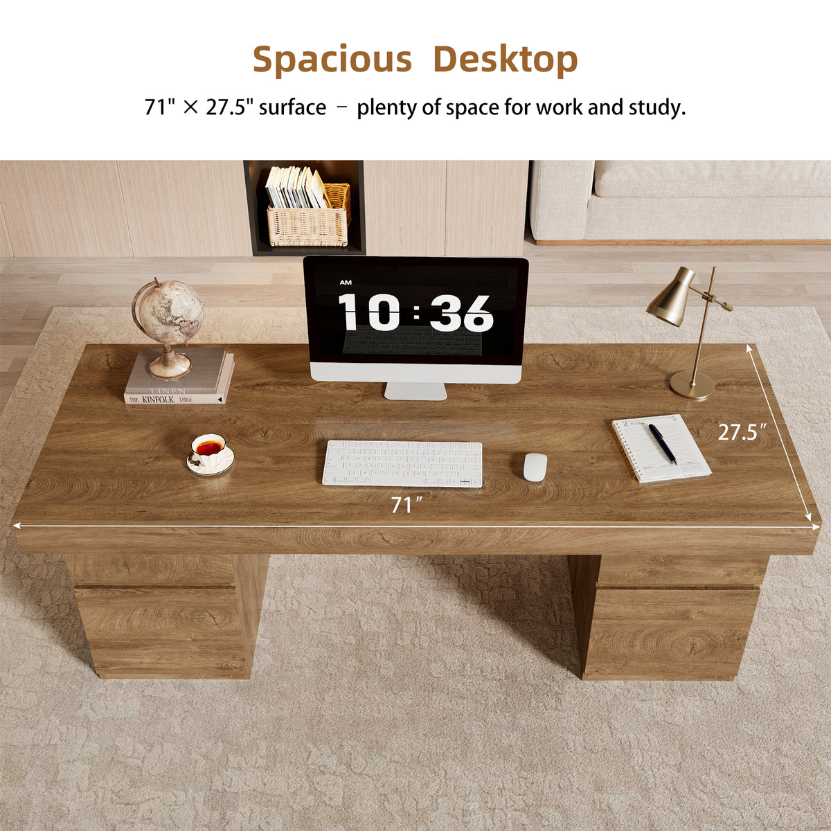 71-Inch Wood Executive Desk with Storage, Home Office Desk Large Computer Desk with Drawers & Cabinets, Farmhouse Writing Table for Work, Study, Business Workstation, Natural Oak Brown
