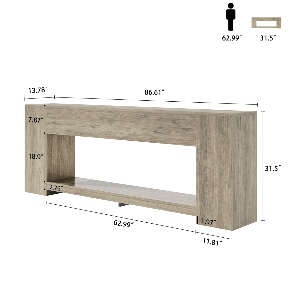 86-Inch Sofa Tables Narrow Long, 2-Tier Behind Couch Table, Grey | Modern Entryway Table with Storage Shelves, Extra Long Console Table for Living Room, Entrance, Hallway