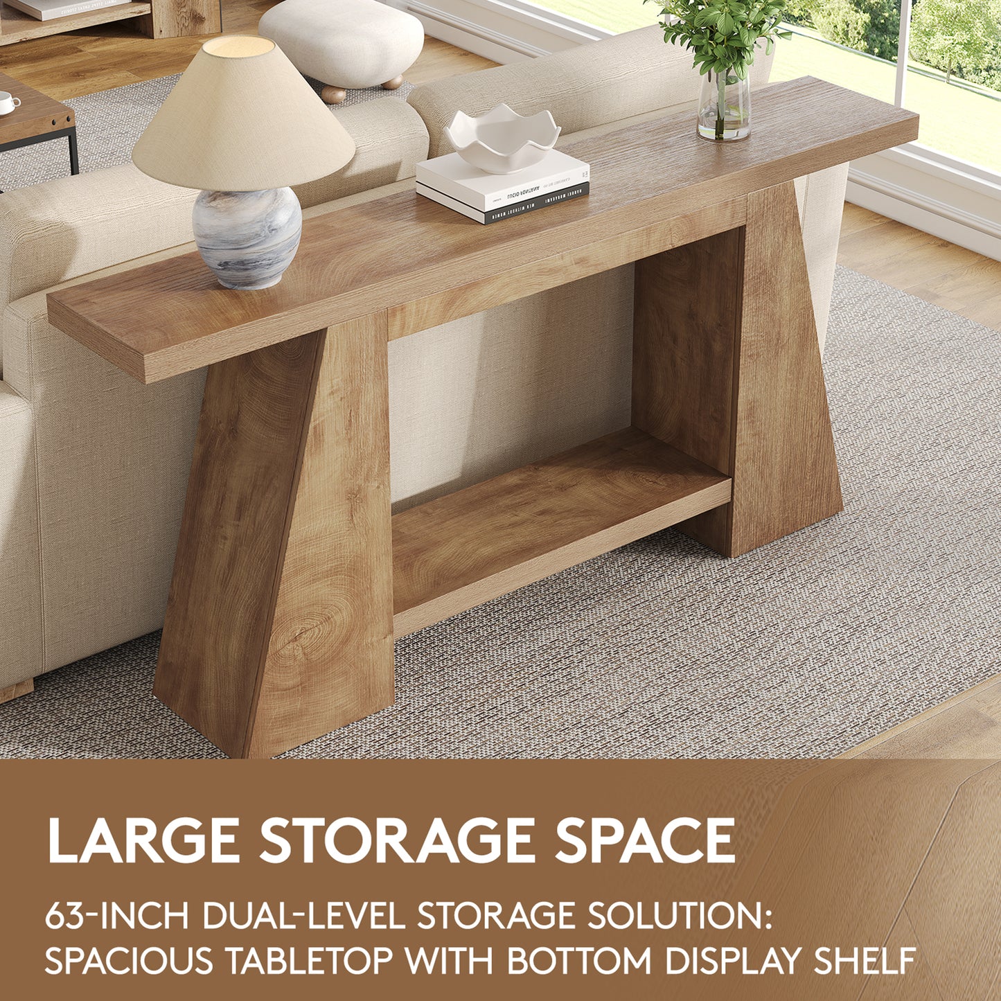 63-Inch Wood Console Table with Shelf for Living Room Entryway, 2-Tier Wooden Sofa Tables with Long Open Storage Shelf for Hallway Behind Couch, Oak Brown