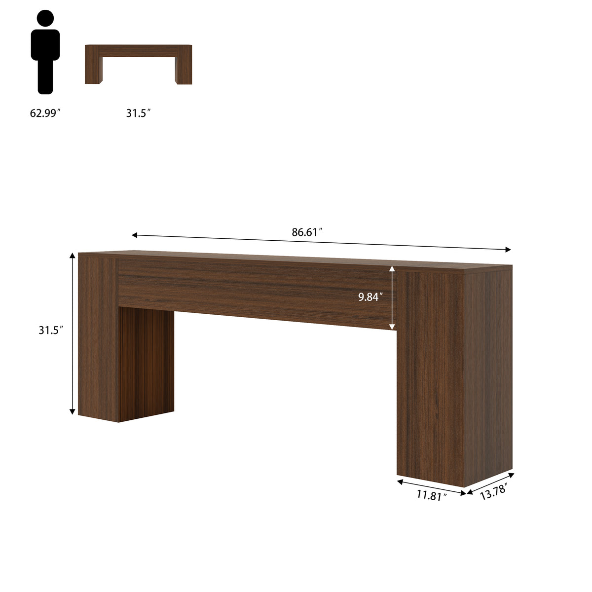 86-Inch Console Table Behind Couch Mid Century, Walnut Brown Wooden Sofa Table Narrow Long, Extra Long Console Table for Entryway, Hallway, Living Room