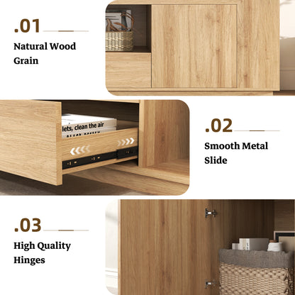 Light Wood Entertainment Center with Drawers, 78-Inch Modern TV Stands for Living Room, Farmhouse TV Console Cabinets with Open Section, Natural Teak