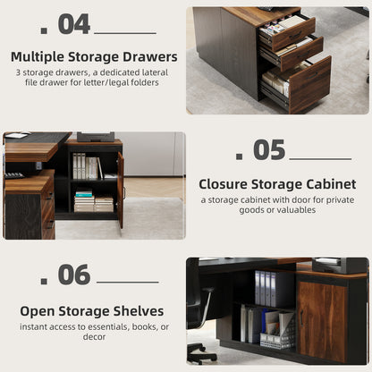 L-Shaped Executive Desk with Power Outlet, 78-Inch Large Office Desk with Drawer and Lateral File Cabinet, Modern Computer Table with Open Shelf and Storage Cabinet for Home Office Study, Brown Black