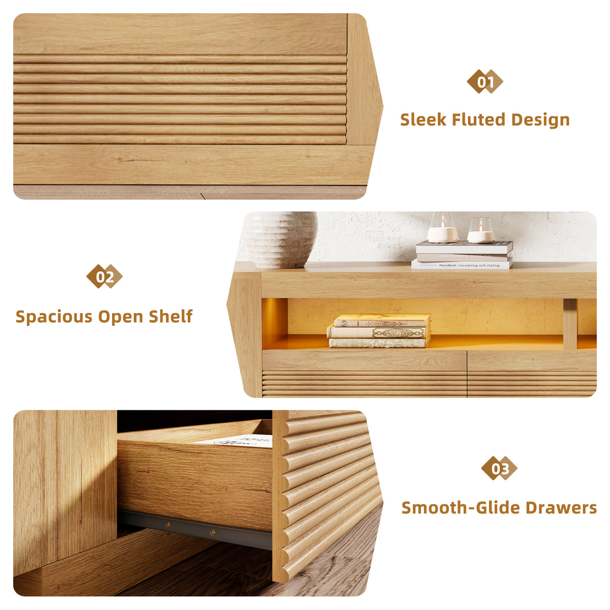 86-in Fluted TV Stand for Living Room with LED Lights, Light Oak Modern Media Console with 3 Drawers & Open Shelves, Large Entertainment Center for TVs up to 85 In for Living Room