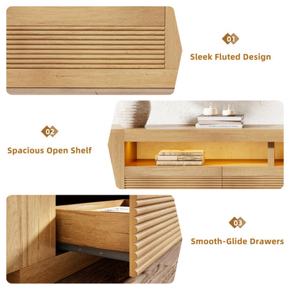 86-in Fluted TV Stand for Living Room with LED Lights, Light Oak Modern Media Console with 3 Drawers & Open Shelves, Large Entertainment Center for TVs up to 85 In for Living Room